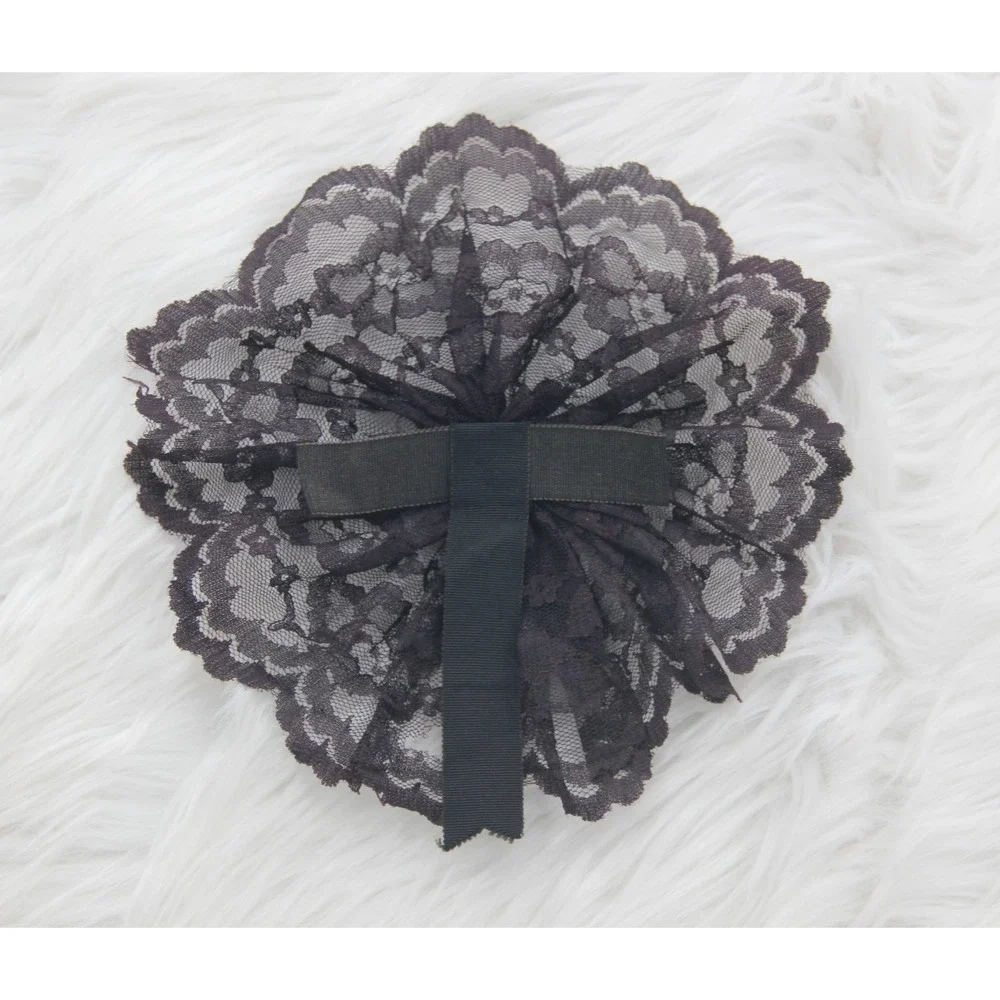 VTG BLACK ROUND LACE RIBBON BOW HAIR COMB FASCINATOR GOTH WHIMSY LOLITA COQUETTE